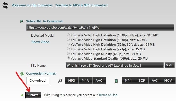 Select the video resolution and click on Start button