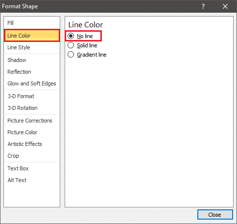 Select the ‘Line Color’ section, then press ‘No line’ to remove the outline