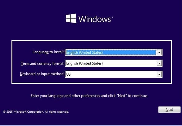 Select your language at windows 10 installation