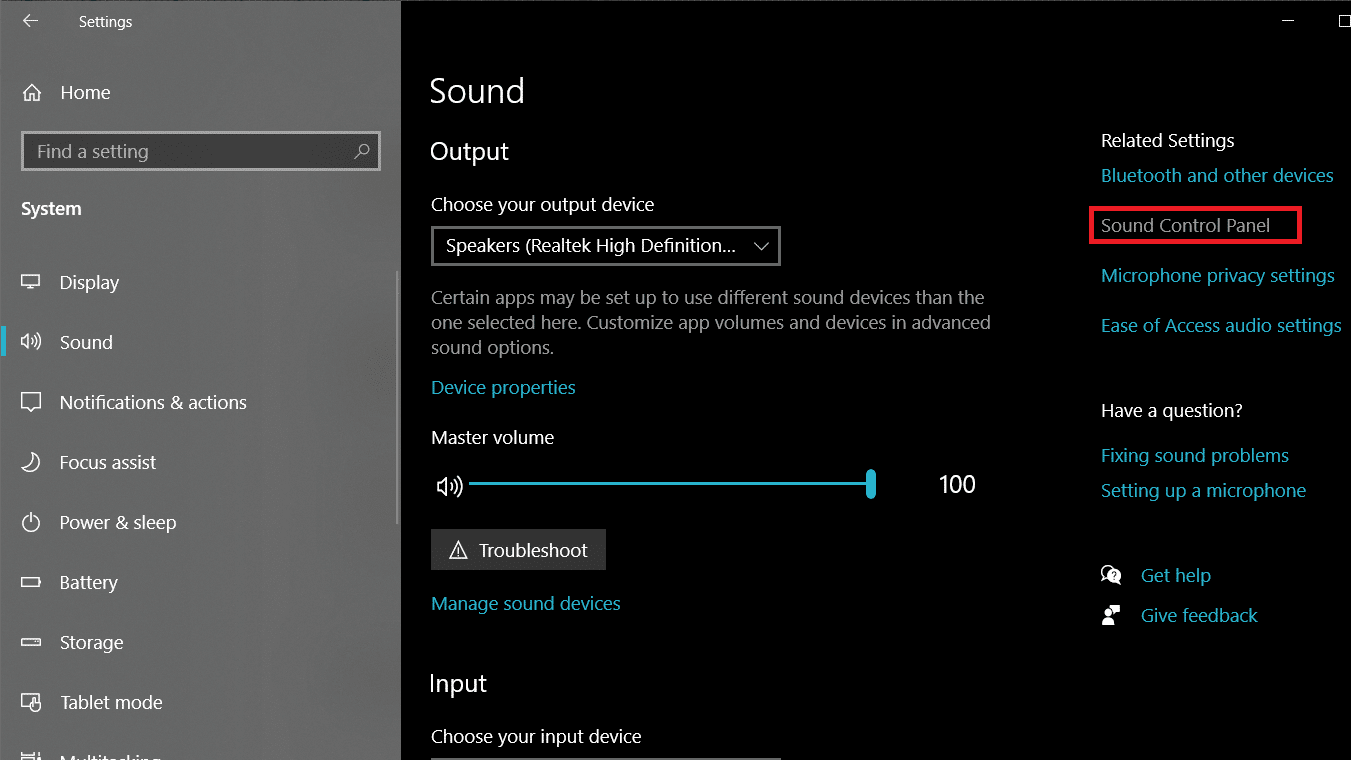 Selecting Open sound settings, and then clicking on the Sound Control Panel in the next window