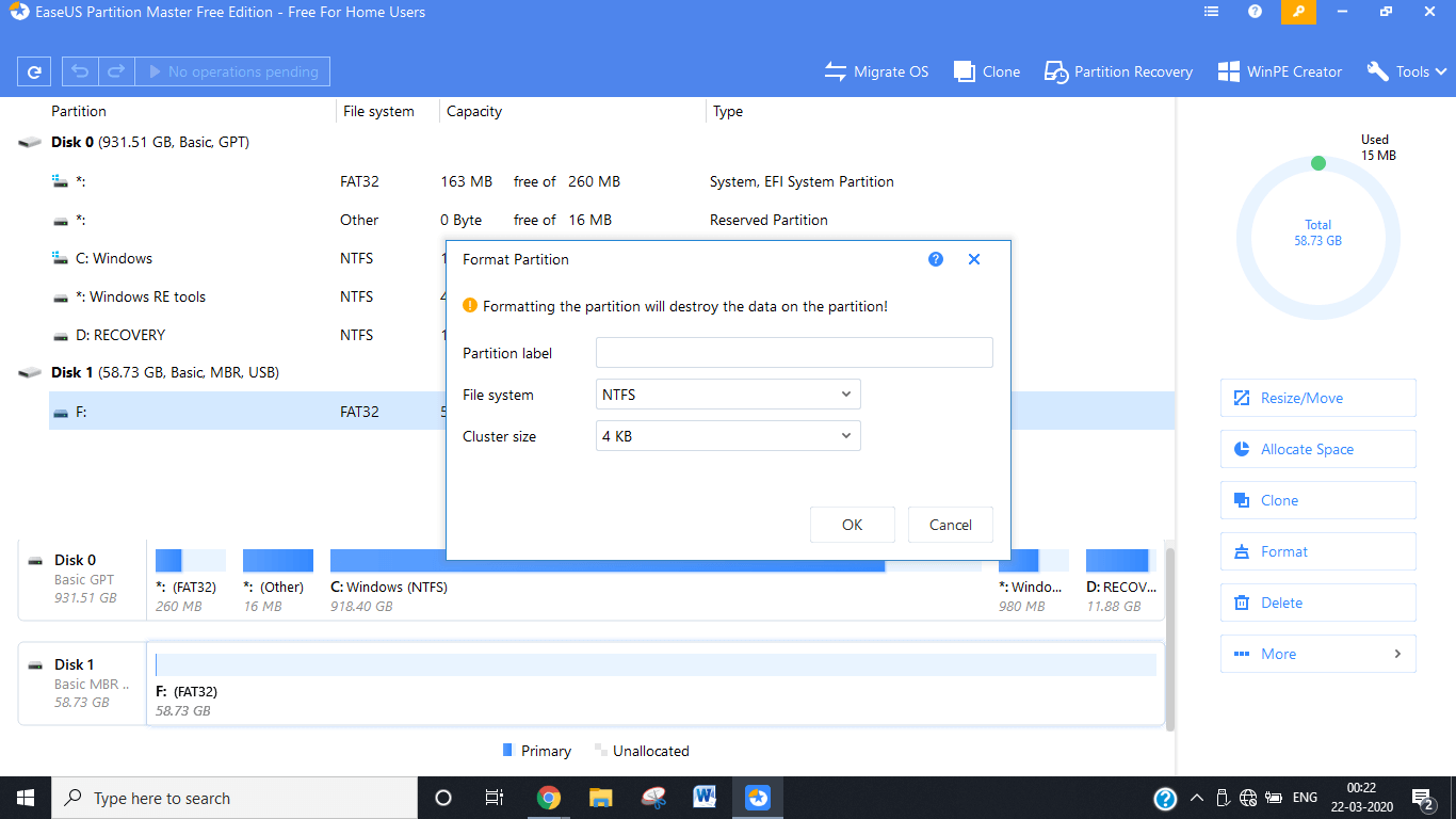 Selecting the format option will launch a “Format Partition” window