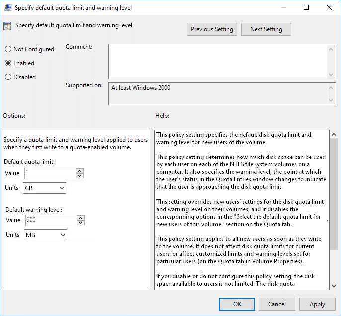 Set Default Disk Quota Limit and Warning Level in Group Policy Editor