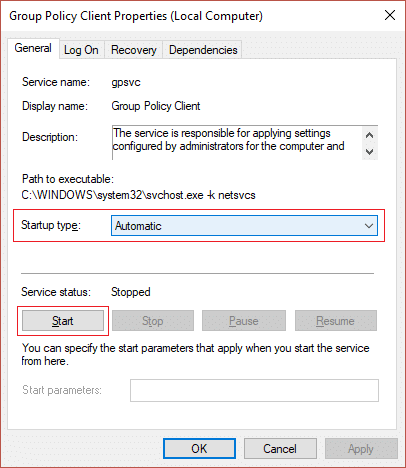 Set Startup Type of Group Policy Client service to Automatic and click Start