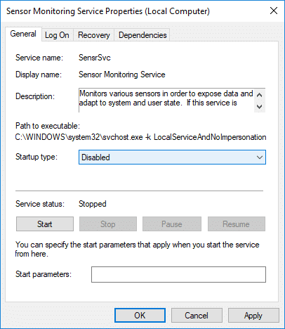 Set Startup type to Disabled under Sensor Monitoring service | How to Enable or Disable Adaptive Brightness in Windows 10