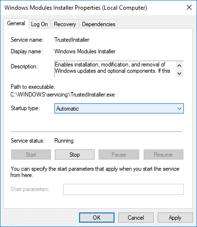 Установите тип запуска «Автоматический» и нажмите «Пуск» для установщика модулей Windows.