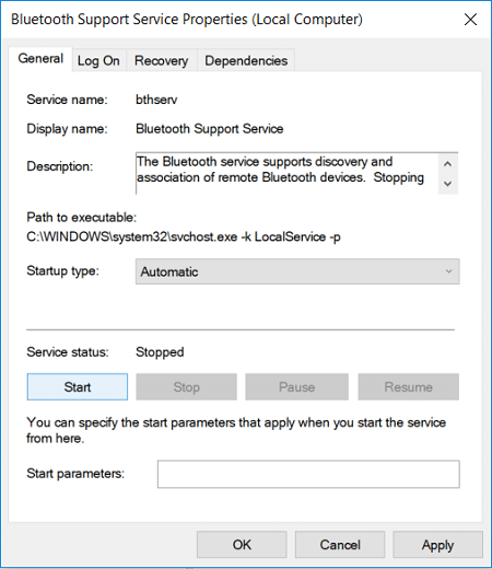 Set the Startup type to Automatic for Bluetooth Support Service