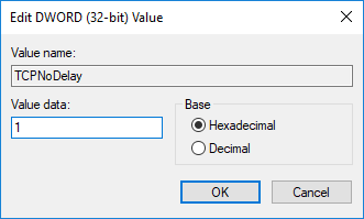 "TCPackFrequency" 및 "TCPNoDelay" DWORD 값을 모두 1로 설정 | 높은 핑 Windows 10 수정