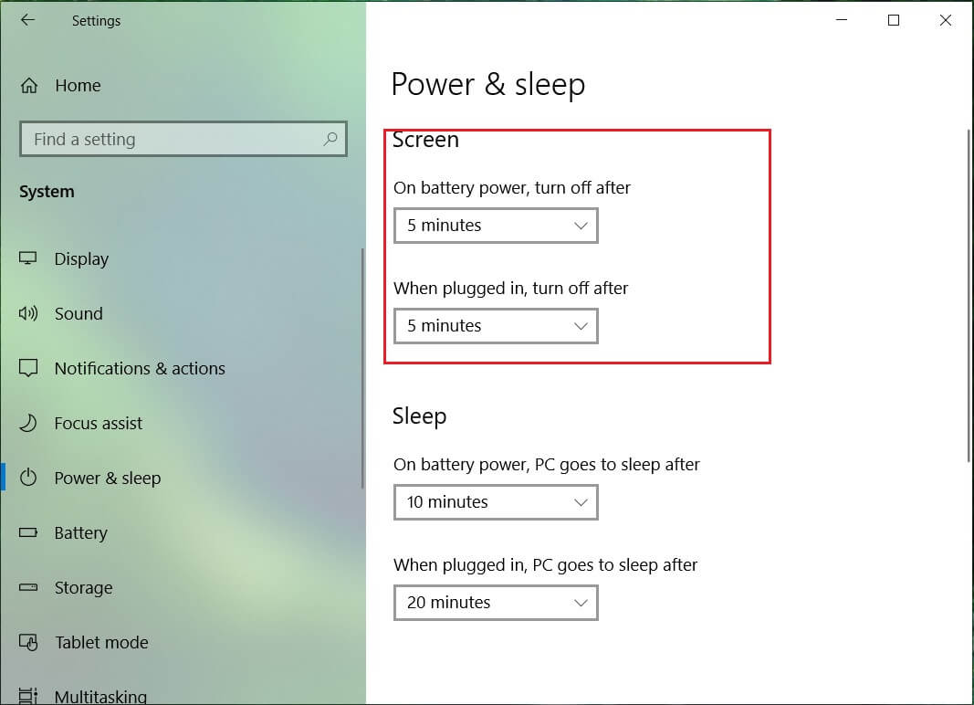 Set the time setting under Screen to a little higher | Change Lock Screen Timeout Setting in Windows 10