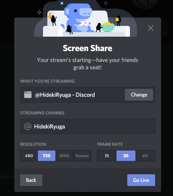 Set up the resolution and frame rate of the screen share