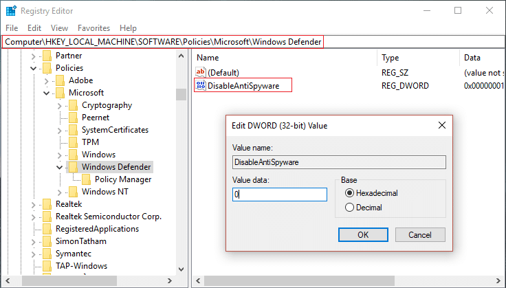 Set value of DisableAntiSpyware under Windows Defender to 0 in order to enable it