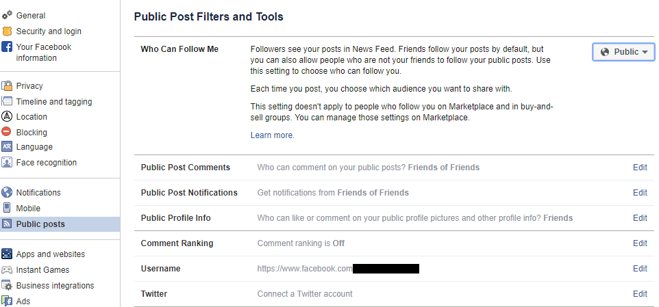 Set who can follow you either select Public or Friends