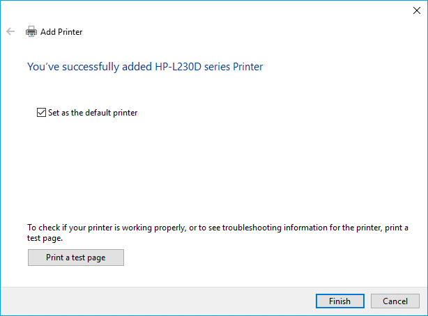 Set your printer as default and click Finish