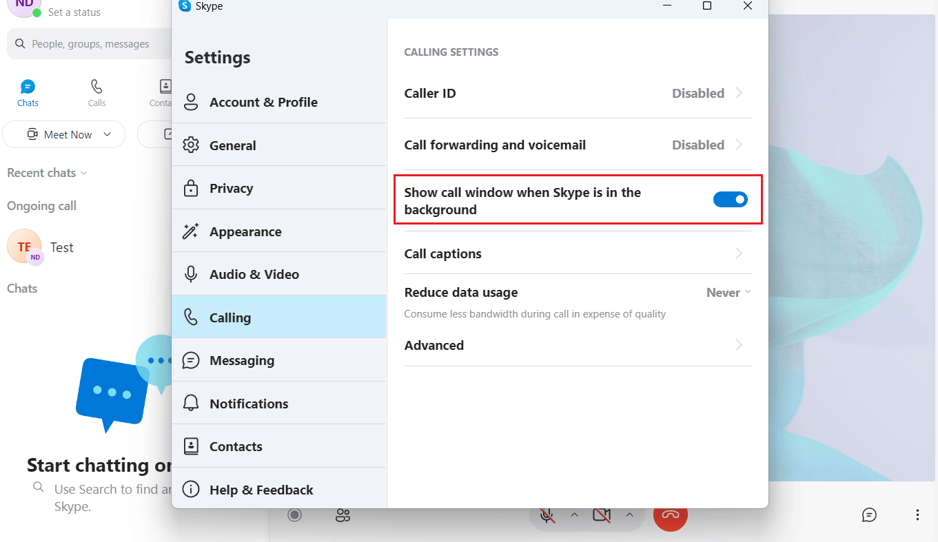 Show call window when Skype is in the background feature from the Calling settings