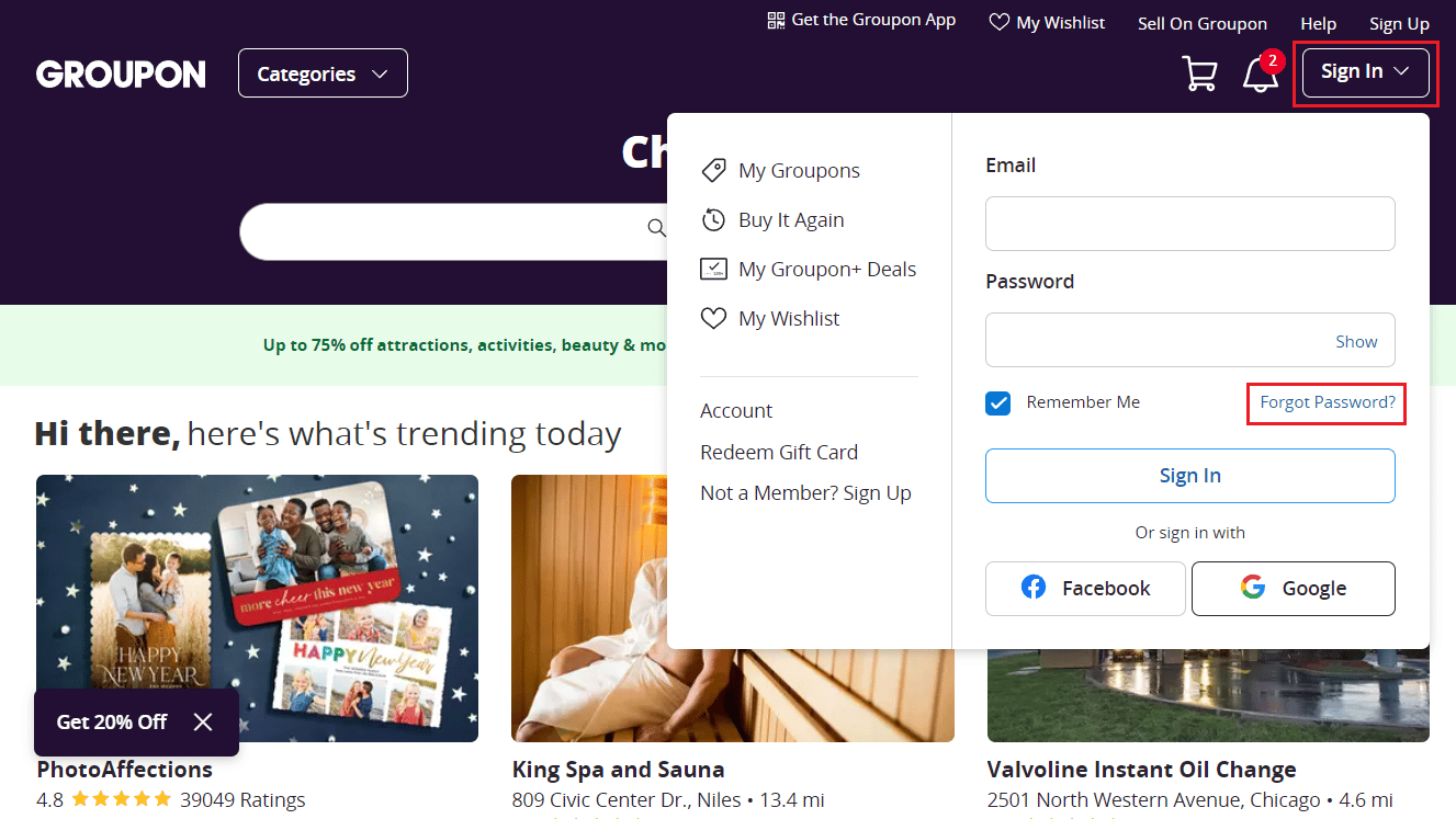 Sign In tab - Forgot Password link | How to Find My Groupon Account 