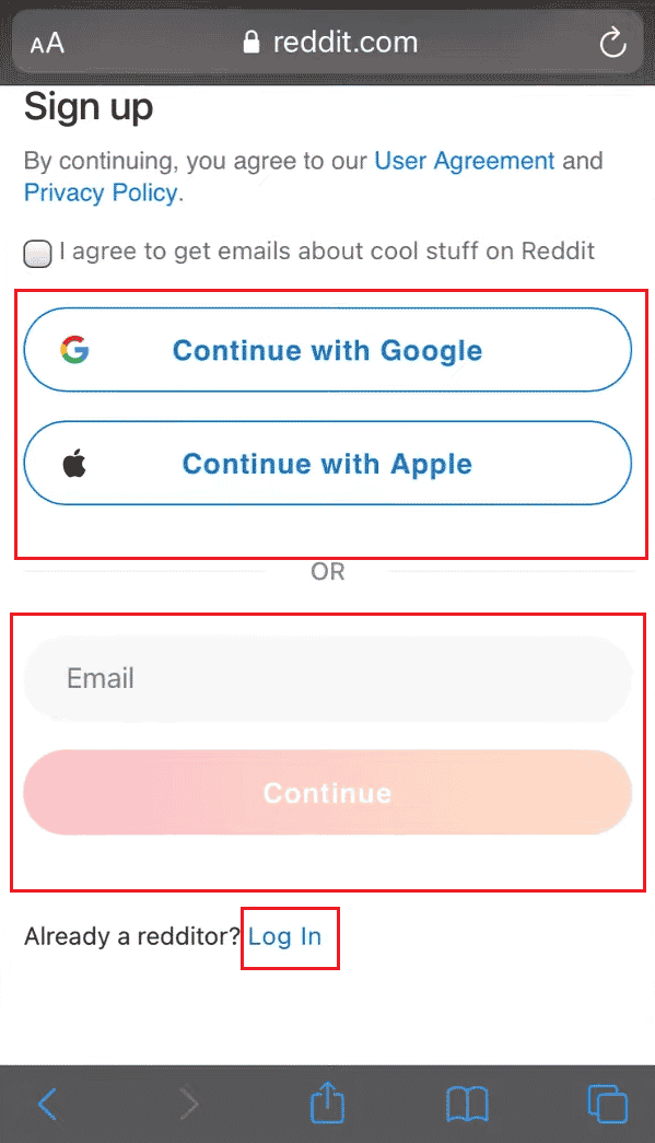 Sign Up or Log In to your Reddit account from this page