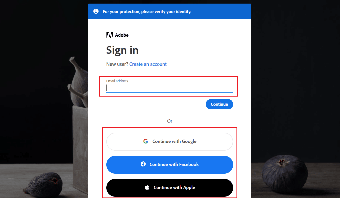 Sign in to your Adobe account with Email, Google, Facebook, or Apple account
