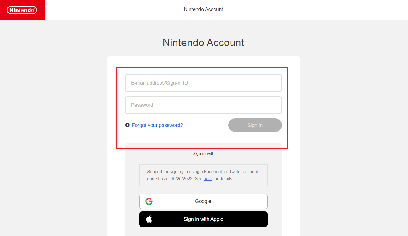 Sign in to your Nintendo account through the Nintendo account page