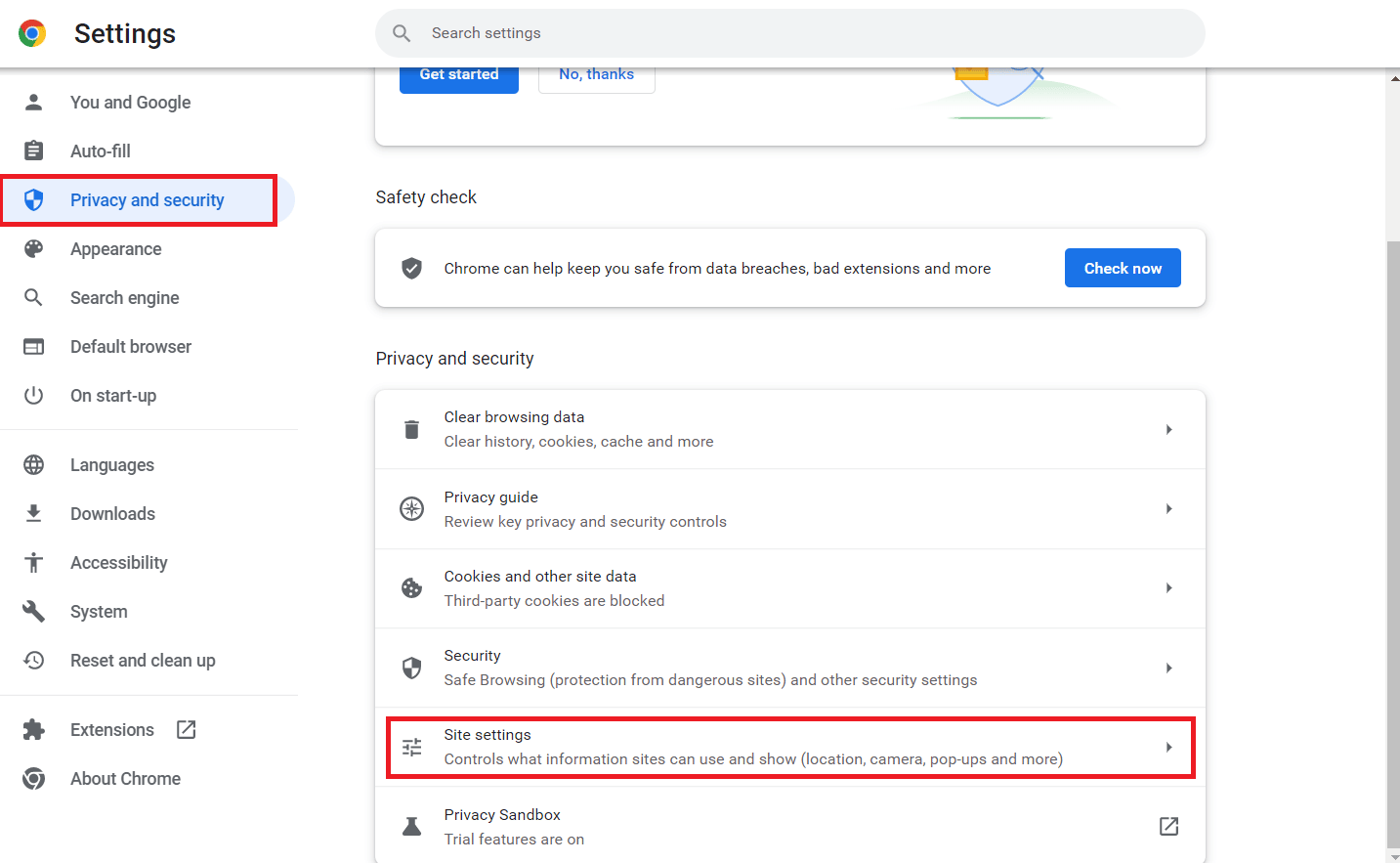 Site settings Privacy and Security Google chrome settings