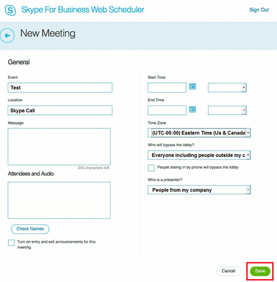 Skype for Business Web Scheduler New Meeting