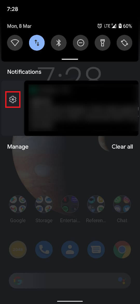 Slide the notification, slightly towards the right. This will reveal a Settings icon, on its side.