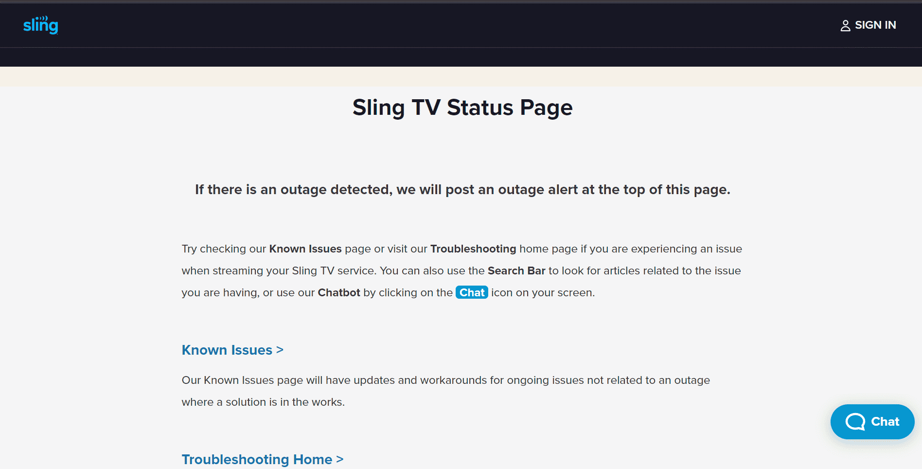 Sling TV Status Page