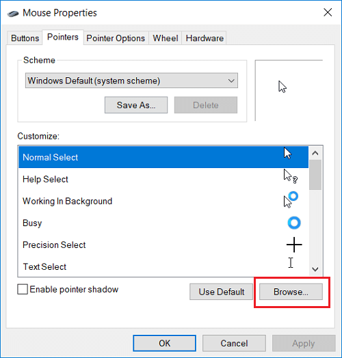 So select the desired cursor from the list and then click Browse | How to change Mouse Pointer in Windows 10