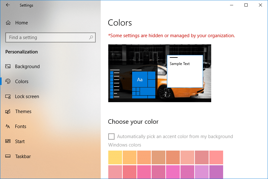Some settings are managed by your organization in color window under personalization