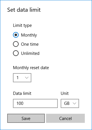Specify the limit type, monthly reset date, data limit, etc then click Save