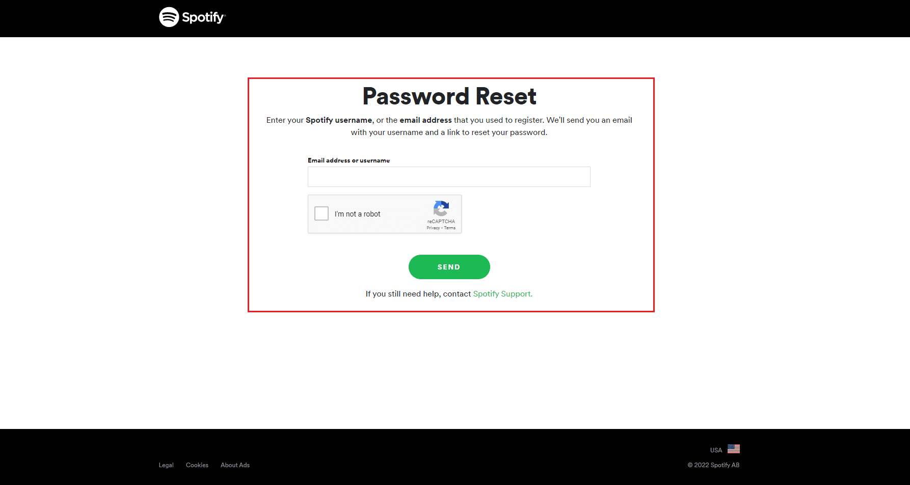 Spotify Reset your password page
