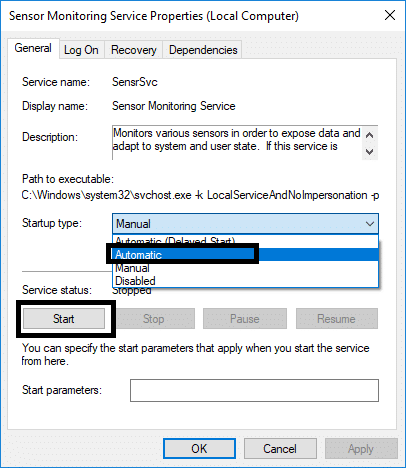 Запустить службу мониторинга датчиков | Исправить блокировку вращения, выделенную серым цветом в Windows 10