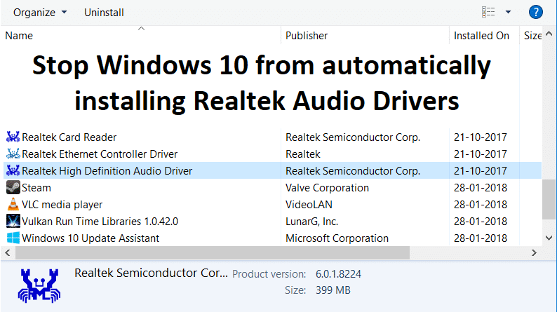 Stop Windows 10 from automatically installing Realtek Audio Drivers