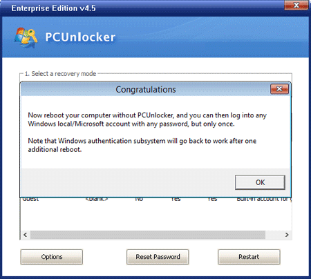 Успешный сброс пароля с помощью PCUnlocker