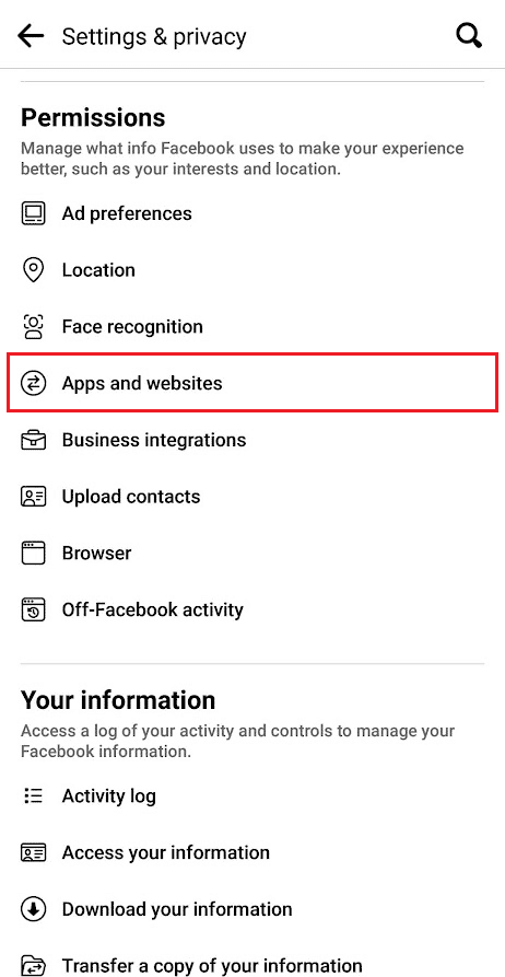 Swipe down and tap on Apps and websites under the Permissions section