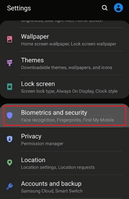 Swipe down and tap on Biometrics and security
