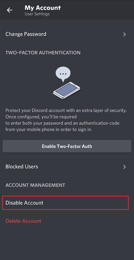 Swipe down and tap on Disable Account