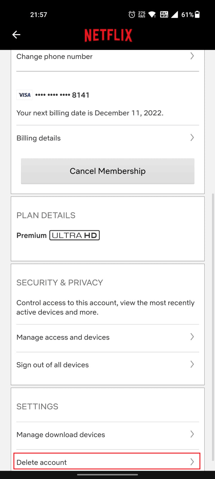 Swipe to the bottom and tap on Delete Account | How to Cancel My Netflix Account