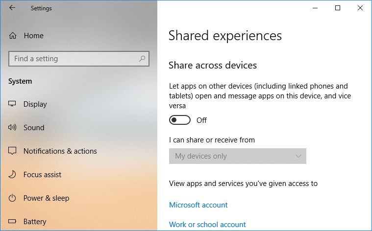 Switch off the toggle for Share across devices