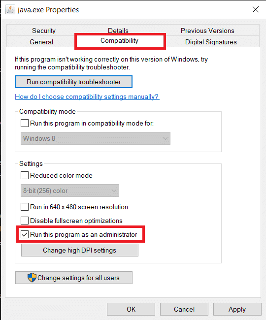 Switch over to the Compatibility tab and tick the box next to Run this program as an Administrator