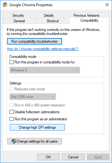Switch to Compatibility tab then click on Change high DPI settings
