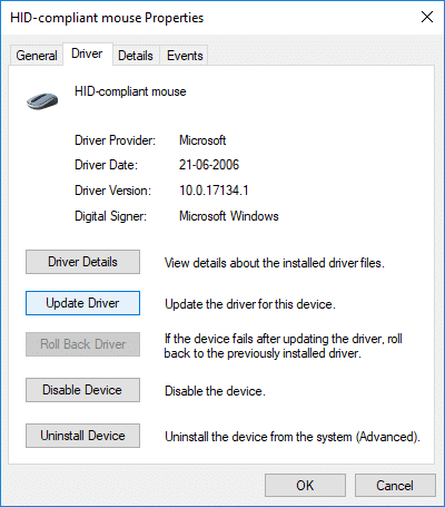Switch to Driver tab and click on Update Driver under Mouse Properties window