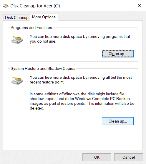 Switch to More Options tab under Disk Cleanup