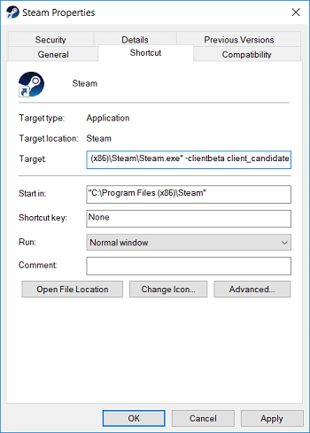 Switch to Shortcut tab then add -clientbeta client_candidate in target field