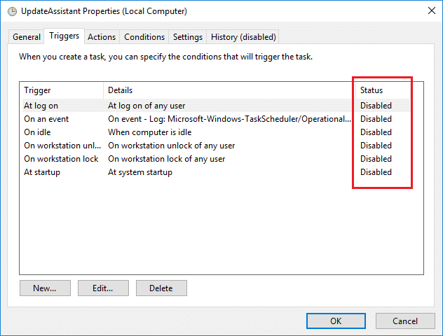 Switch to Triggers tab then disable each trigger to Disable Windows 10 Update Assistant