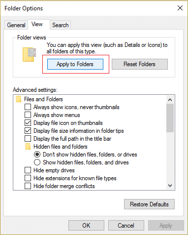 Switch to View tab and click Apply to Folders