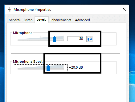 Switch to levels tab then increase the volume up to 100 | Increase Microphone Volume in Windows 10