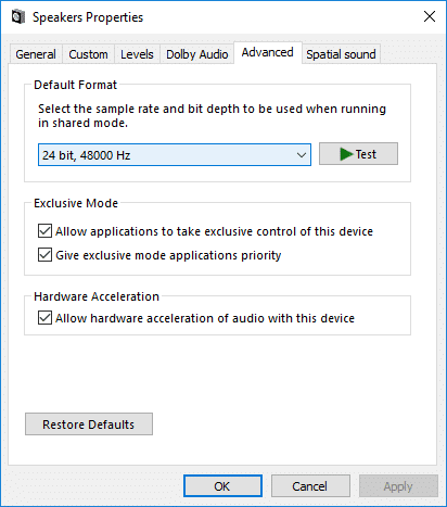 Switch to the Advanced tab and change the Default Sound Format
