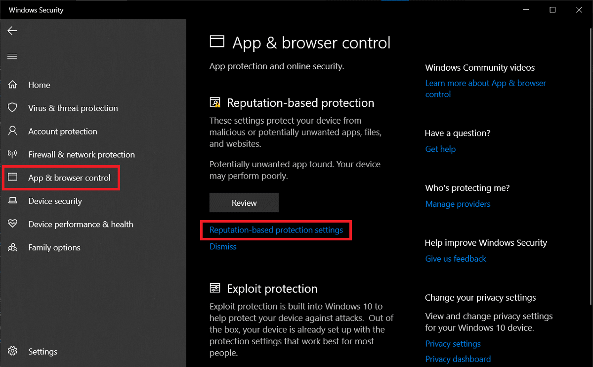 Switch to the App & browser control tab and click on Reputation-based protection settings
