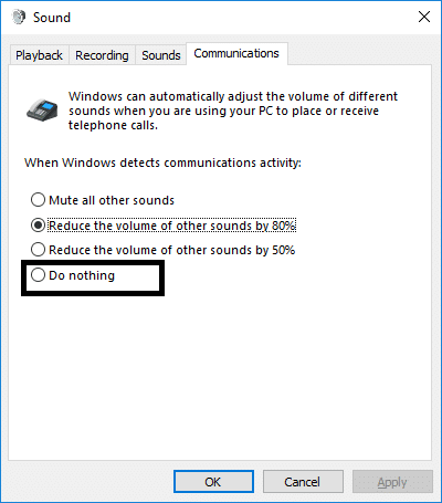 Switch to the Communication tab & tick mark the option Do Nothing | Increase Microphone Volume in Windows 10
