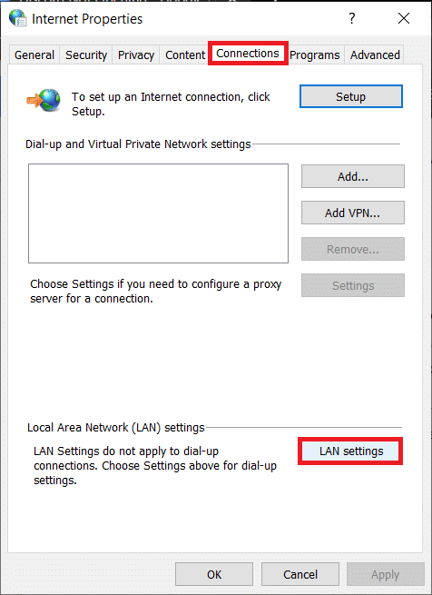 Switch to the Connections tab and click on the LAN  Settings button | [FIXED] ERR_QUIC_PROTOCOL_ERROR in Chrome