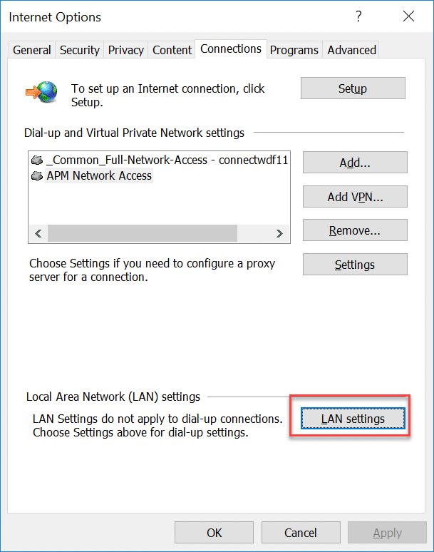 Switch to the Connections tab and click on the LAN Settings
